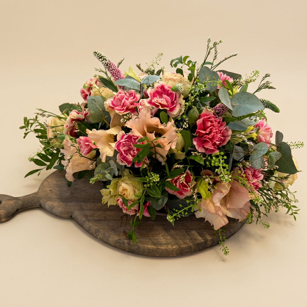 Bloemstuk op houten plank