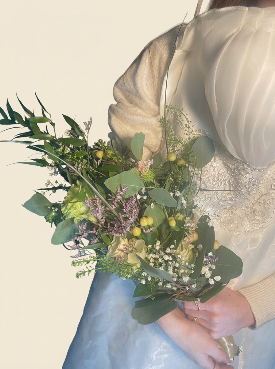 Bruidsboeket met eucalyptus en limonium