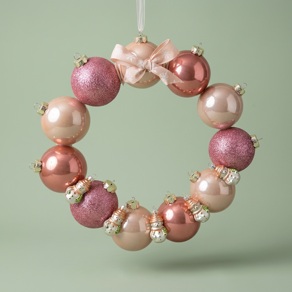 Kerstkrans van roze en koperen ballen
