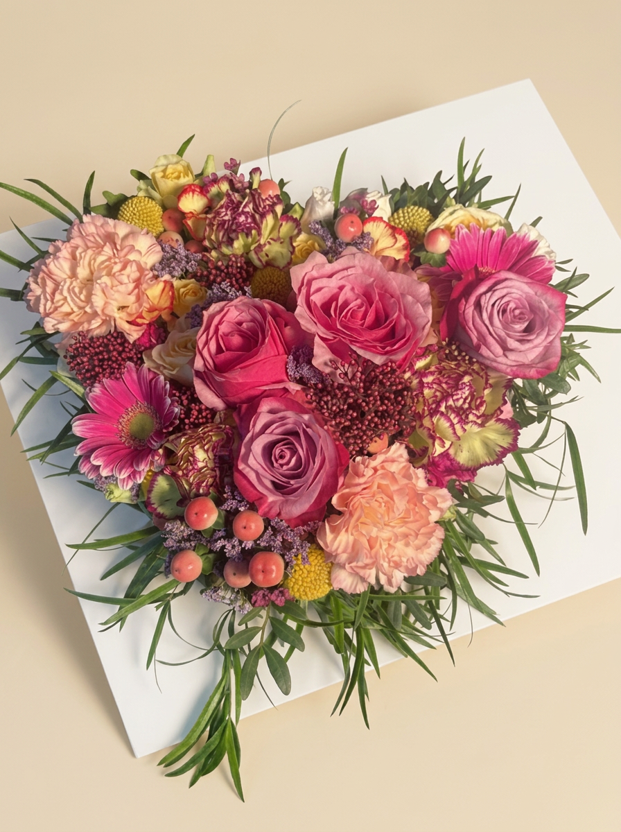 Hartvormig bloemstuk in roze tinten
