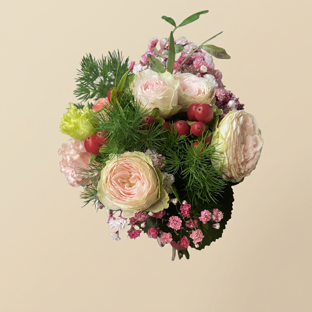 Zacht boeket met rozen en bessen