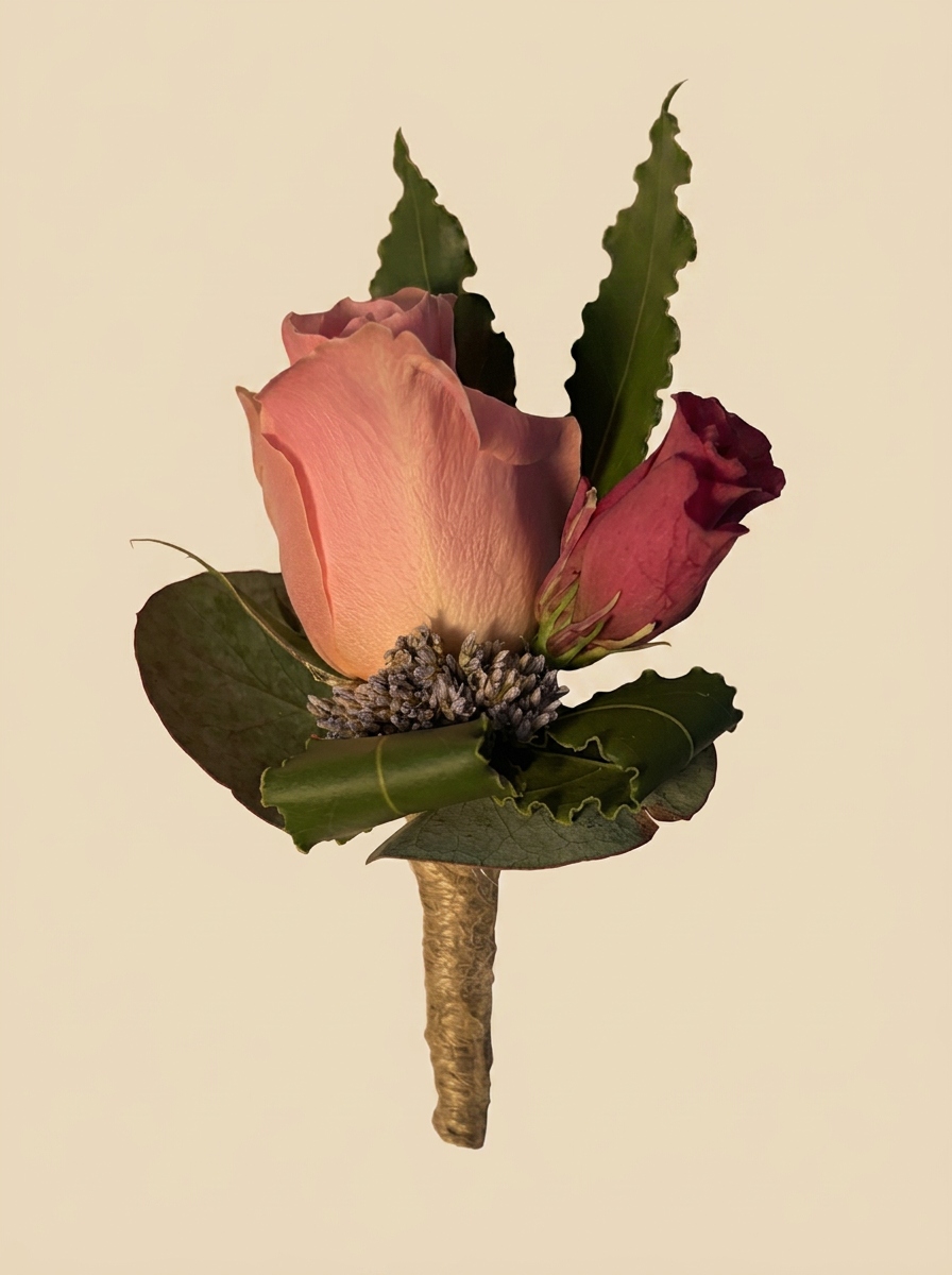 Corsage met roze rozen en lavendel