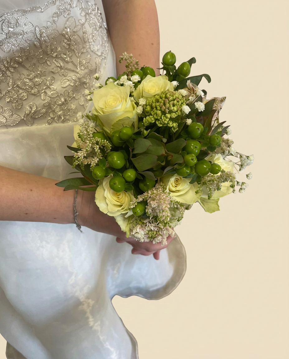 Bruidsboeket met witte rozen en hypericum