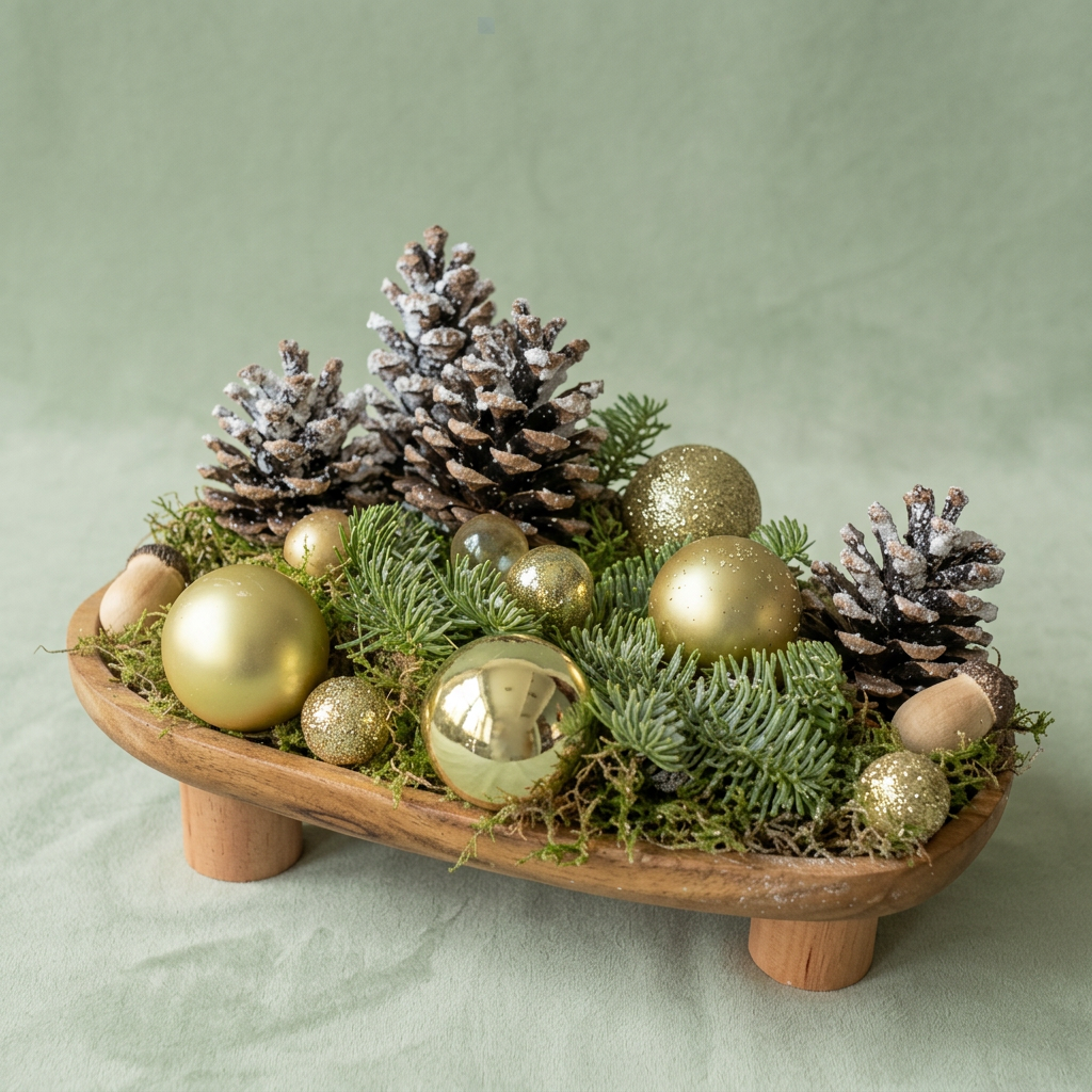 Kerststuk met dennenappels en gouden ballen