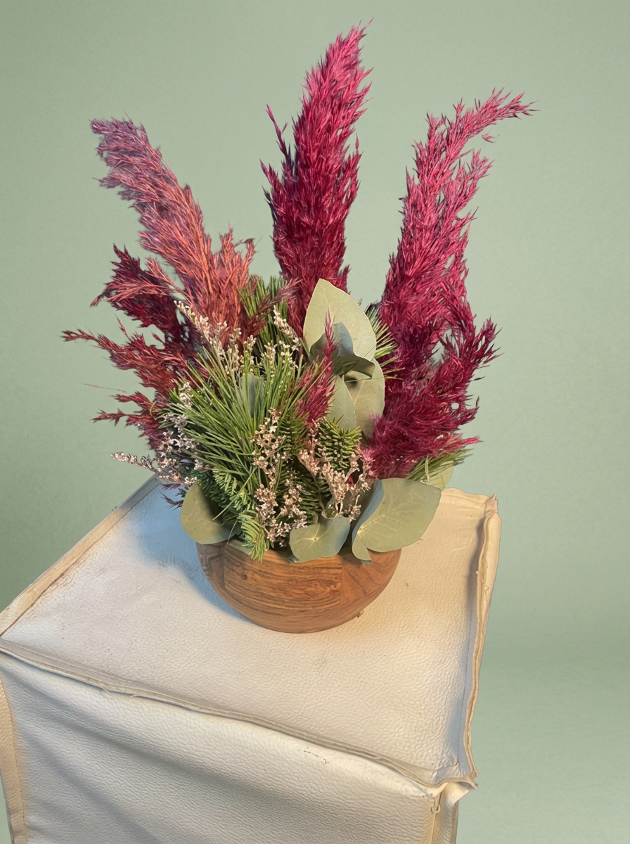Kerststuk met pampas en eucalyptus