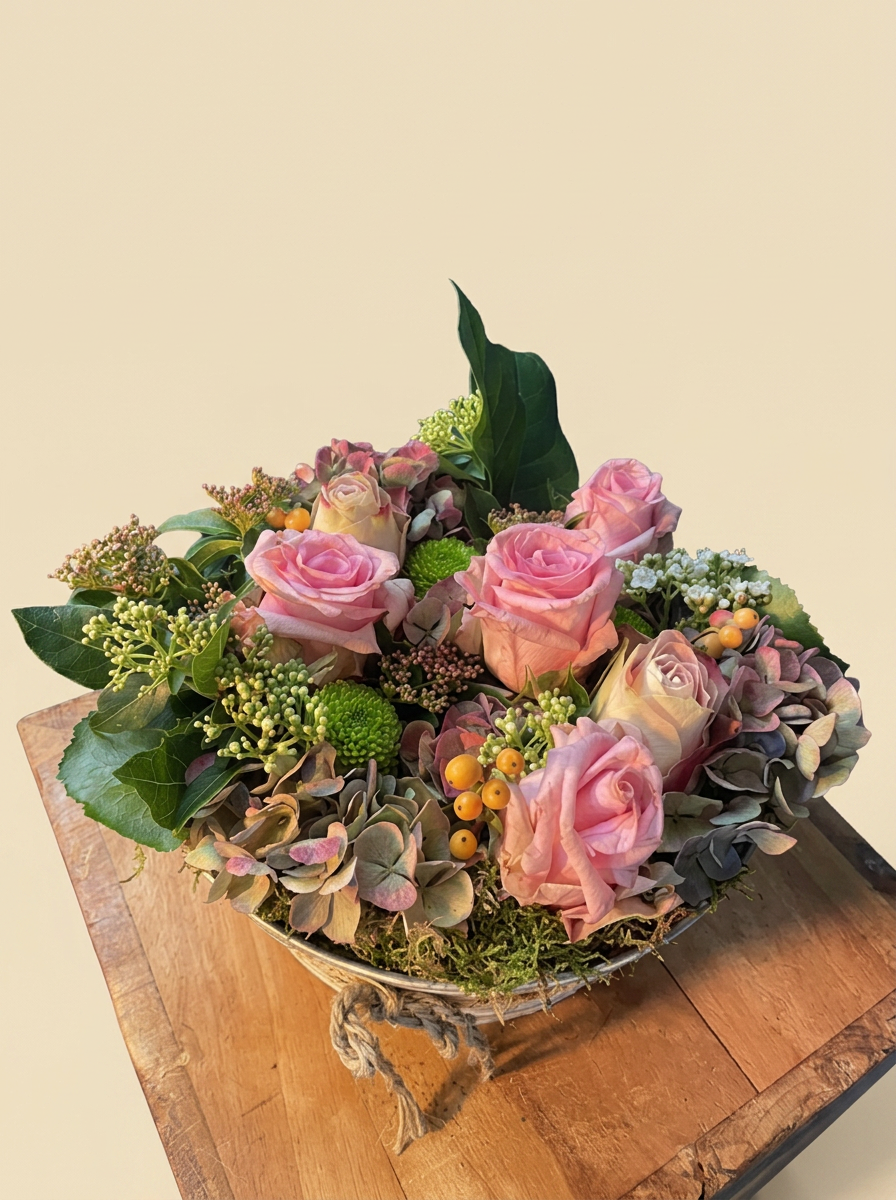 Bloemstuk met rozen en hortensia