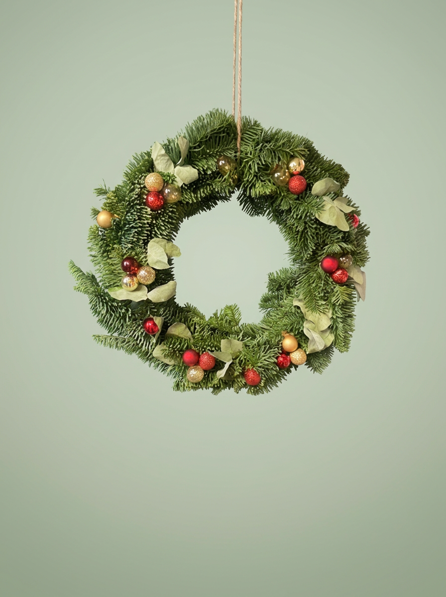 Klassieke kerstkrans met rode en gouden ballen