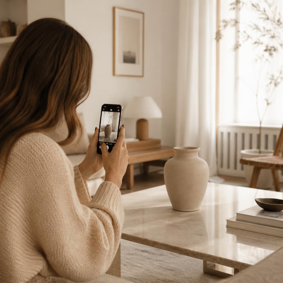Tess fotografeert een lege vaas met haar smartphone